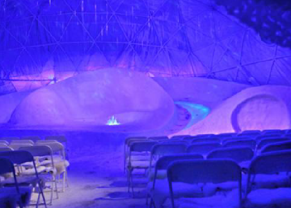 icey sculpture set lit up in blue
