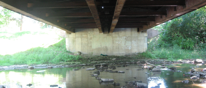 a photo of underneath a bridge with a river going under