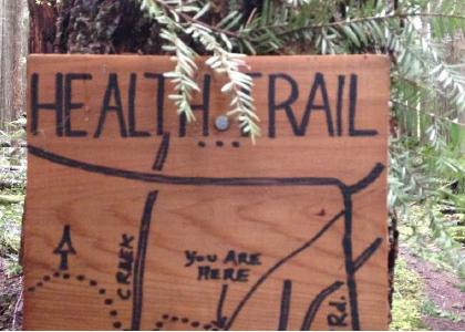 closeup of a handmade directional sign in the forest