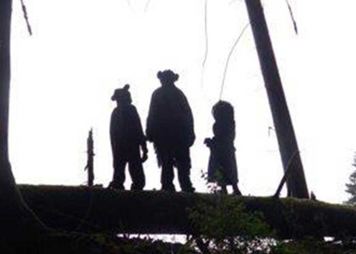 silhouette of three small scale puppet people on a log in a forest